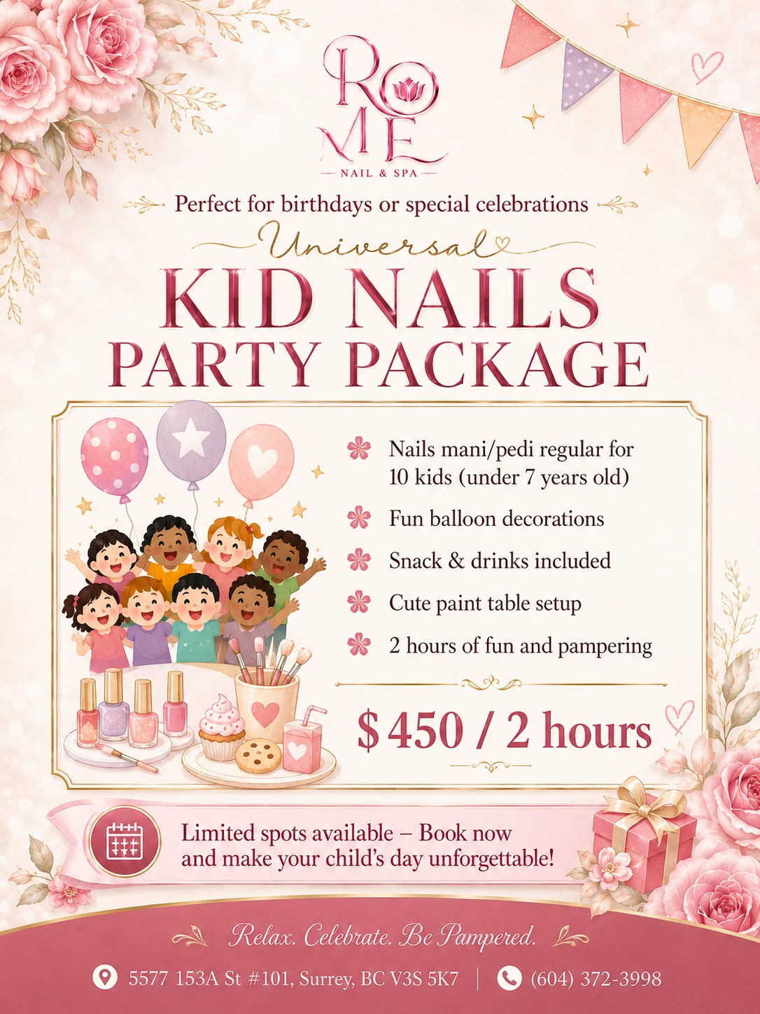 Kid Nails Party Package flyer with manicure and pedicure services, decorations, snacks, and drinks