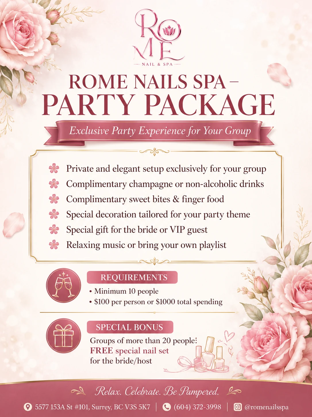 Rome Nails Spa Party Package flyer with group benefits, requirements, and special bonus