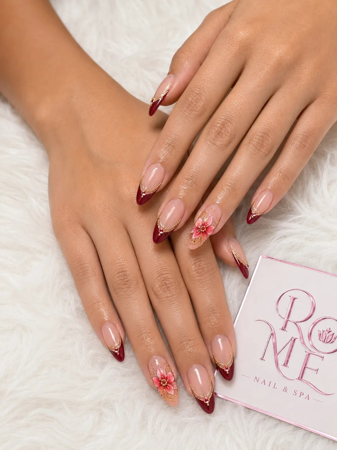 Pink square nails with floral bouquet accents by Rome Nails Spa