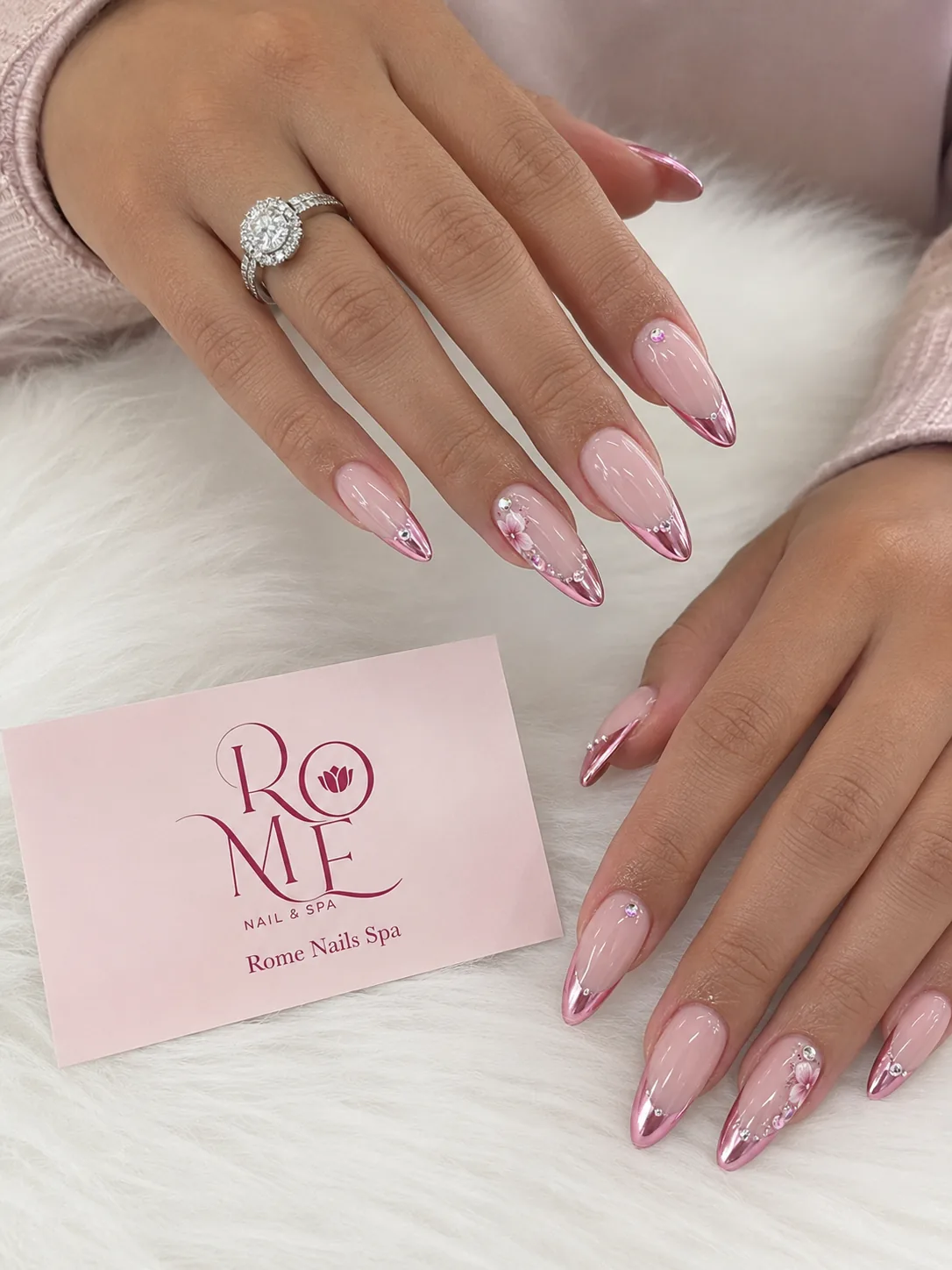 Wine red almond nails with dimensional floral details by Rome Nails Spa