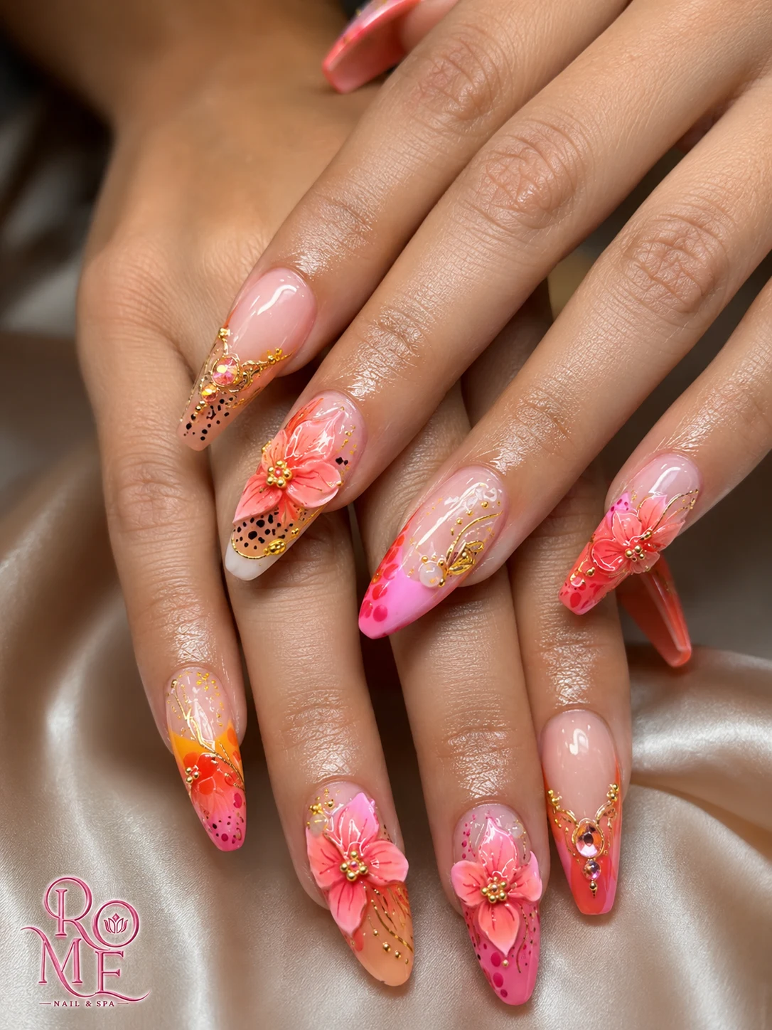Coral floral nail art with gold detailing by Rome Nails Spa