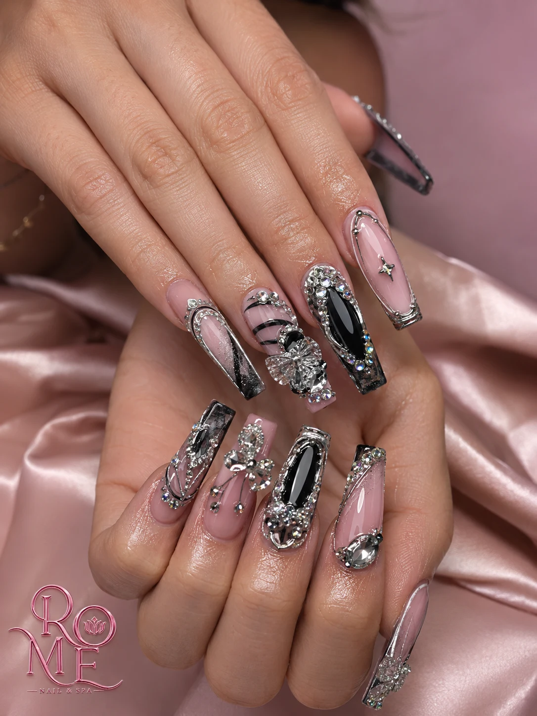 Silver and black crystal nail art by Rome Nails Spa
